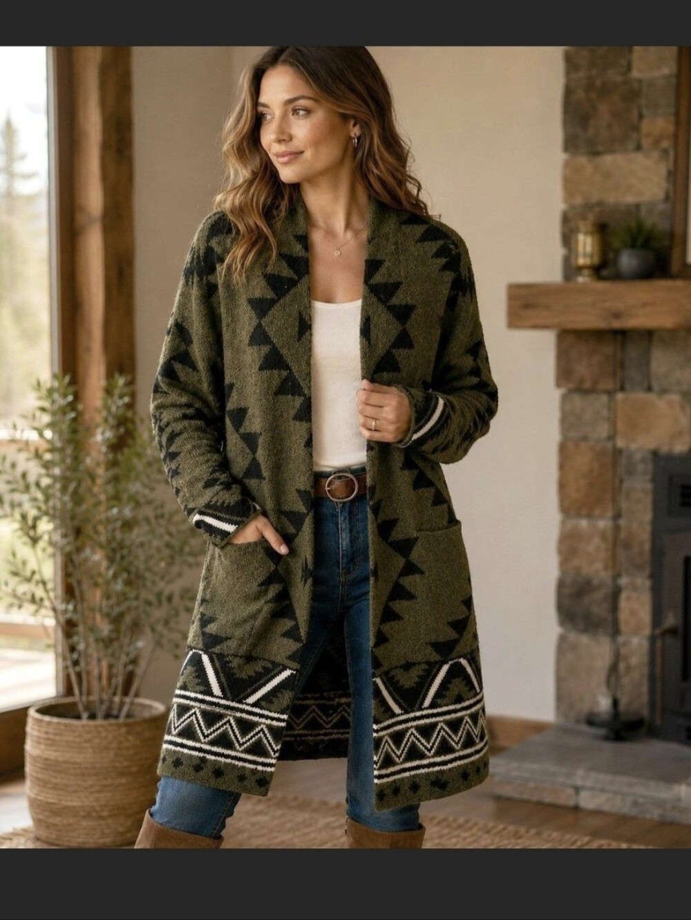 FRYE Women's Geometric Tribal Aztec Sweater Green Black White